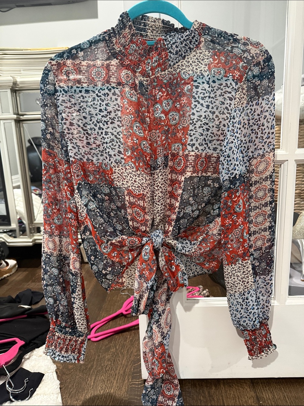 Olivaceous Red & Blue Sheer Patchwork Tie-Front Blouse